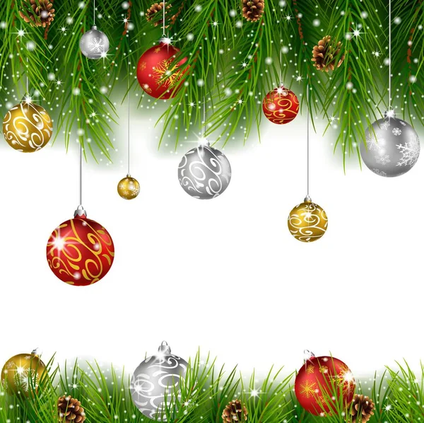 Різдвяний фон з сосновим конусом, м'ячем і ялиною — стоковий вектор