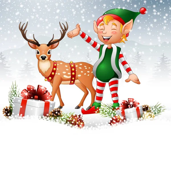 Fundo de Natal com elfo, veados e caixas de presente —  Vetores de Stock