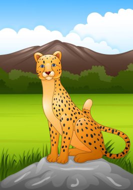 Afrika savana bir kaya üzerinde oturan karikatür çita