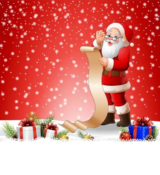 Latar belakang Natal dengan Santa Claus membaca daftar hadiah yang panjang - Stok Vektor