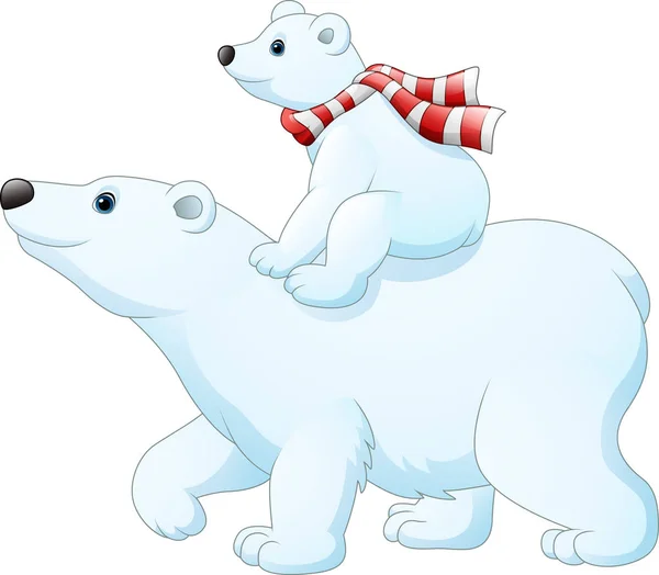 Cartoon baby polar bear riding on her mother 's back — стоковый вектор