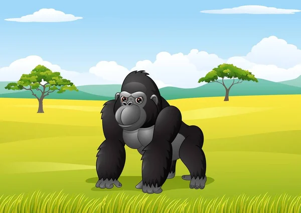 Cartoon gorilla in the savanna landscape — Stock Vector