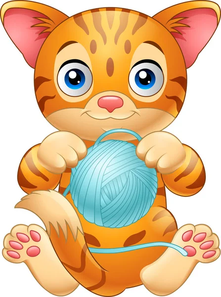 青い糸のボールで遊んで漫画赤ちゃん猫 — ストックベクタ