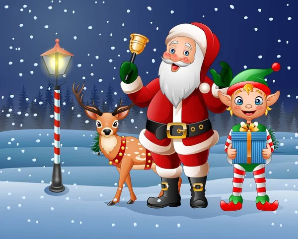 Latar belakang Natal dengan Santa Claus, rusa dan elf - Stok Vektor