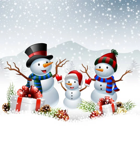 Conjunto de boneco de neve desenhos animados com fundo de Natal — Vetor de Stock