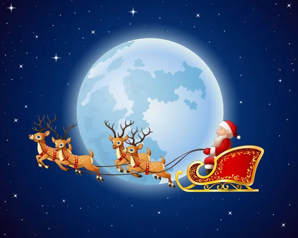 Santa Claus monta trineo de renos sobre un fondo de luna llena — Vector de stock