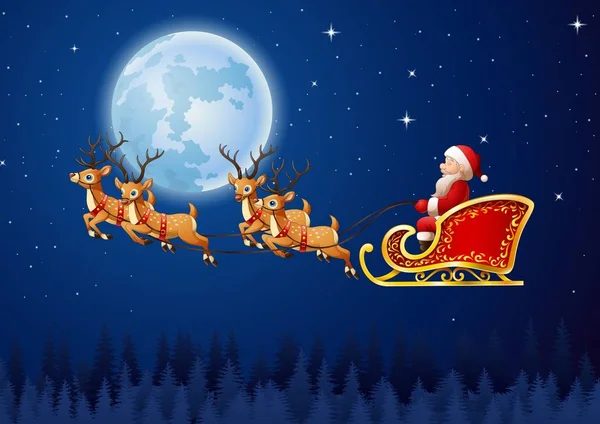 Santa Claus monta trineo de renos volando en el cielo — Vector de stock