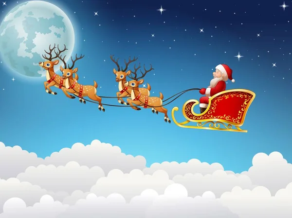 Santa Claus monta trineo de renos volando en el cielo — Vector de stock