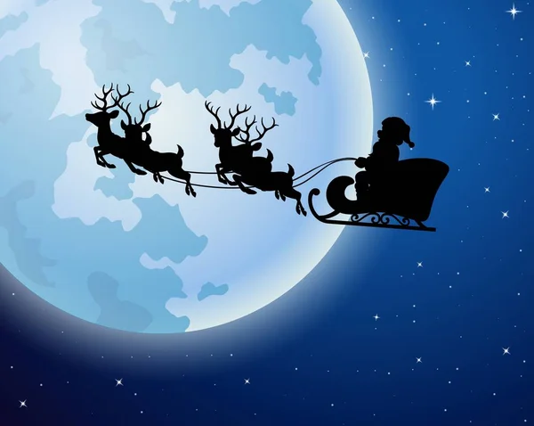 Santa Claus rides reindeer sleigh silhouette against a full moon background — Stock Vector