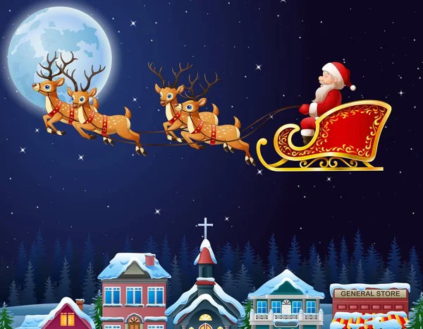 Santa Klaus na koni jeho sobí sáně létání nad městem — Stockový vektor
