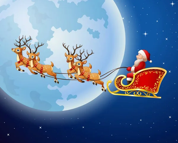 Père Noël monte traîneau de rennes sur un fond de pleine lune — Image vectorielle