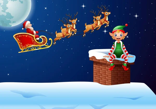 Santa Clause montando su juego de renos con el pequeño elfo — Vector de stock