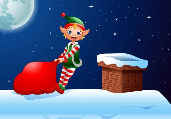 Elfe dessin animé tirant un sac plein de cadeaux sur le toit — Image vectorielle