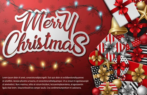 Весела Різдвяна Типографіка Різною Подарунковою Коробкою Різдвяними Елементами Червоному Тлі — стоковий вектор