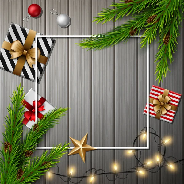 Weihnachtsgeschenkboxen Mit Weihnachtskugeln Und Tannenzweigen Auf Hellem Holzhintergrund — Stockvektor