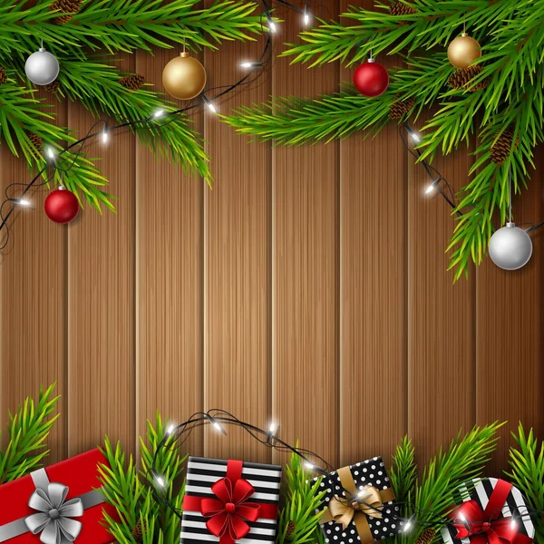 Різдвяні Подарункові Коробки Різдвяними Кульками Ялинковими Гілками Яскравому Дерев Яному — стоковий вектор