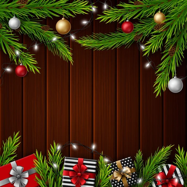 Cajas Regalo Navidad Con Bolas Navidad Ramas Abeto Sobre Fondo — Archivo Imágenes Vectoriales