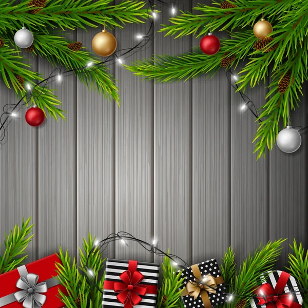 Weihnachtsgeschenkboxen Mit Weihnachtskugeln Und Tannenzweigen Auf Grauem Holzhintergrund — Stockvektor