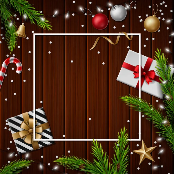 Weihnachtsgeschenkschachteln Mit Weihnachtskugeln Und Fichtenzweigen Auf Braunem Holzgrund — Stockvektor