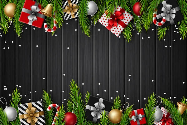 Weihnachten Holzhintergrund Mit Tannenzweigen Und Elementen Auf Dunklem Hintergrund — Stockvektor