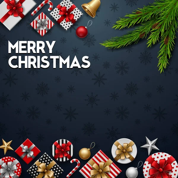 Fond Bleu Noël Avec Boîtes Cadeaux Branches Sapin — Image vectorielle
