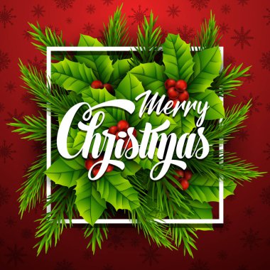 Neşeli Noel yazı kartı ile çam dalları ve yaprakları holly berry