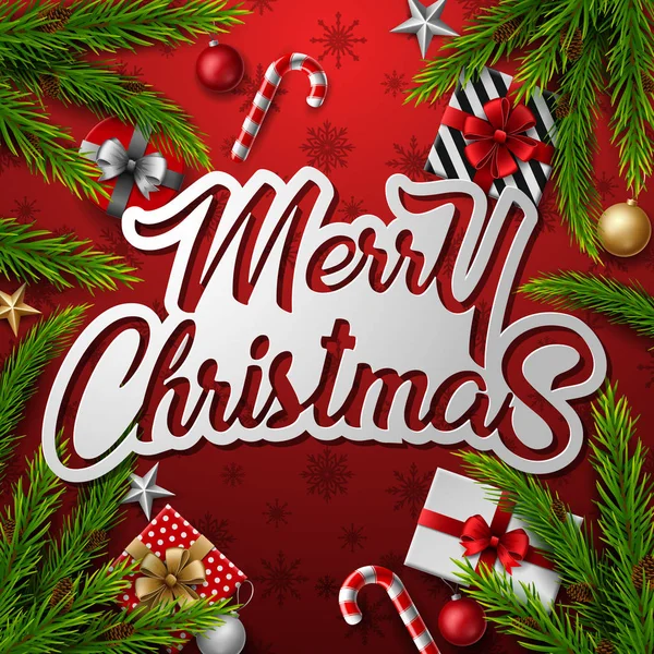 Weihnachten Roter Hintergrund Mit Tannenzweigen Und Weihnachtlichen Elementen — Stockvektor