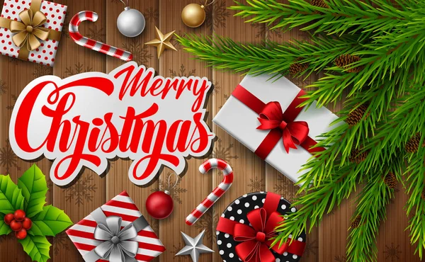 Weihnachten Holz Hintergrund Mit Tannenzweigen Und Weihnachtlichen Elementen — Stockvektor