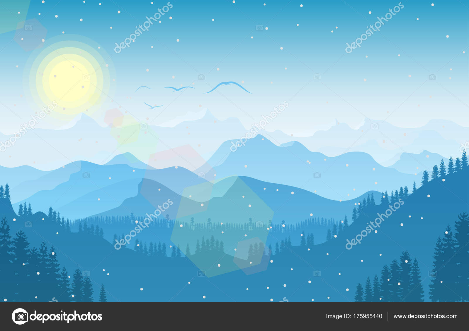 Hiver Paysage Montagne Avec Forêt Oiseau Qui Vole Image