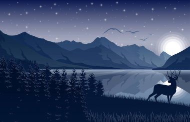 Gece dağlar yatay, geyik bir göl ve gökyüzü yıldızlara yakın