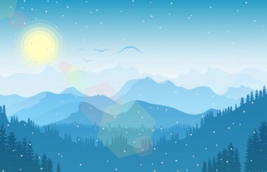 Orman ve uçan kuş kış dağ manzarası