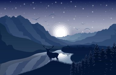 Gece dağlar yatay, geyik bir göl ve gökyüzü yıldızlara yakın