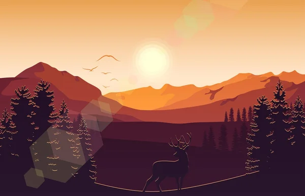 Berglandschaft Mit Hirschen Und Wald Bei Sonnenuntergang — Stockvektor