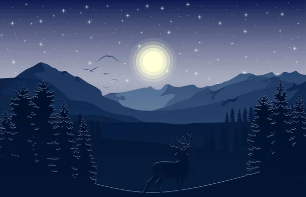 Berglandschaft Mit Hirschen Und Wäldern Bei Nacht — Stockvektor