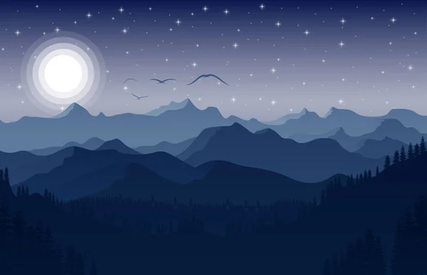 Noite Montanhas Paisagem Com Estrelas Céu — Vetor de Stock