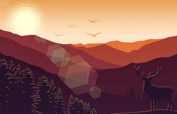 日落时有鹿和森林的山地景观 — 图库矢量图片