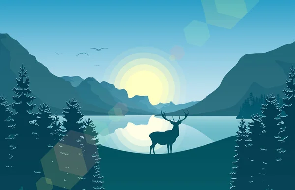 山风景与鹿在森林和湖 — 图库矢量图片