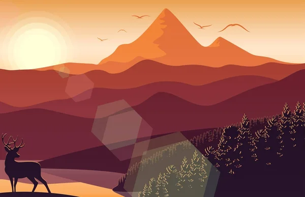 Ορεινό Τοπίο Ελάφι Και Δάσος Στο Ηλιοβασίλεμα — Διανυσματικό Αρχείο