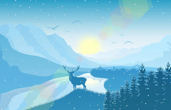 Зимовий Гірський Пейзаж Оленями Лісі Біля Озера — стоковий вектор