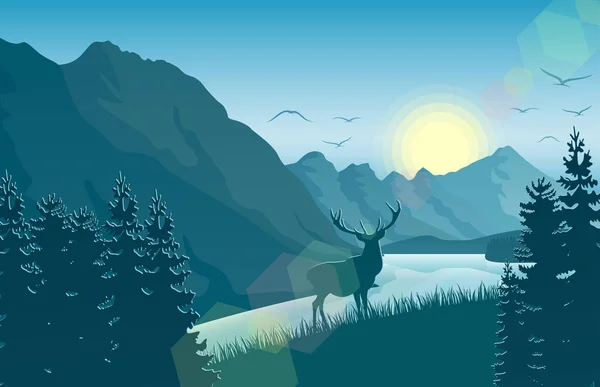 Гірський Пейзаж Оленями Лісі Біля Озера — стоковий вектор