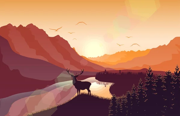 湖近くの森の鹿と夕日の山の風景 — ストックベクタ