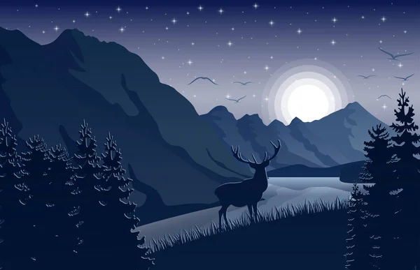 Montañas Noche Paisaje Con Ciervos Cerca Lago Estrellas Cielo — Vector de stock