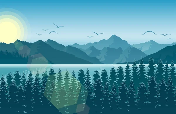 Morgon Berglandskap Med Skogen Och — Stock vektor