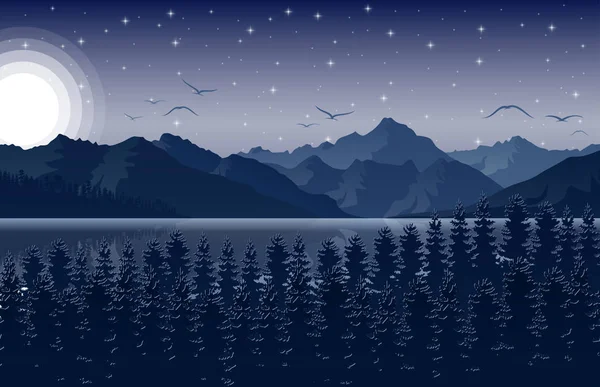 Night mountains landscape with forest and river on starry sky