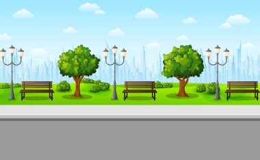 Yeşil şehir park banklar, sokak ve ağaçlar
