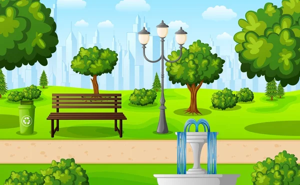 Green City Park Bench Fountain — Stock Vector