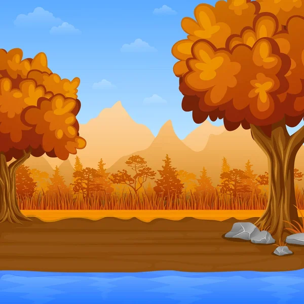 Cartoon autumn landscape with river and mountains