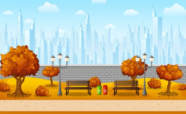 Hösten Stadsparken Med Staden Byggnader — Stock vektor