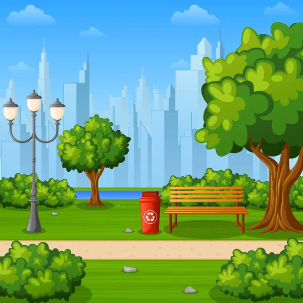 City Park Bench Trees Town Buildings — Stock Vector