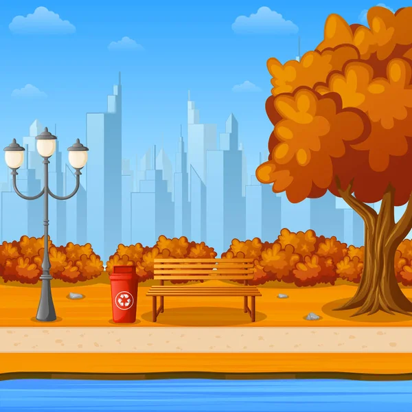 城市公园长凳与秋天树和路灯附近河岸 — 图库矢量图片